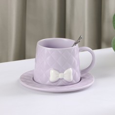Чайная пара керамическая с ложкой «Бантик», 2 предмета: кружка 350 мл, блюдце d=15 см, цве No Brand