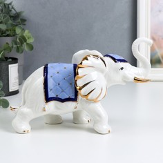 Сувенир керамика "Белый слон с попоной с кисточками" синий с золотом 16 см No Brand