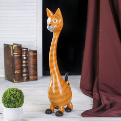 Сувенир дерево "Рыжая кошечка с длинной шеей" 10х15х50 см No Brand