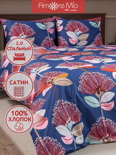 Комплект постельного белья Amore Mio 2-спальный, хлопок, синий, цветы, наволочки 50х70