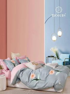 Комплект постельного белья BORIS Сатин евро наволочки 50x70 70x70 Розово/Голубой