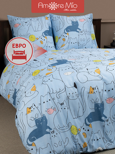 Комплект постельного белья Amore Mio Мако-сатин размер евро микрофибра коты голубой