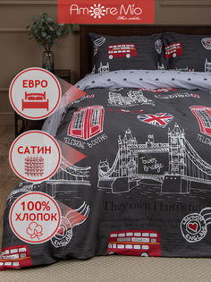 Комплект постельного белья Amore Mio Сатин Евро хлопок наволочки 50х70 серый красный