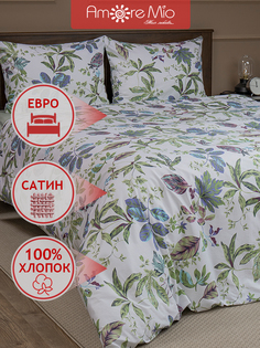 Комплект постельного белья Amore Mio Сатин Евро хлопок растения белый и голубой