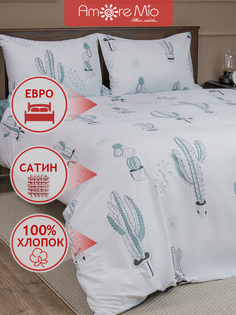 Комплект постельного белья Amore Mio Сатин евро хлопок принт растения белый и голубой