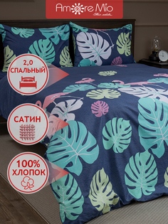 Комплект постельного белья Amore Mio Сатин 2 спальный хлопок растения синий и зеленый