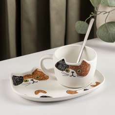 Чайная пара с ложкой «Котик», чашка 200 мл, блюдце 18,5x13,5 см No Brand