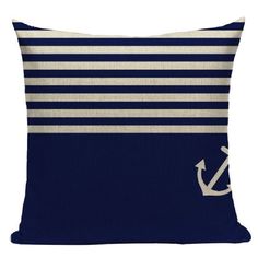 Подушка декоративная, Бежевый якорь и синие полоски, 40х40, подарок, подушка диванная Zaberite