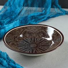 Тарелка Риштанская Керамика "Узоры", коричневая, глубокая, 20 см Shafran