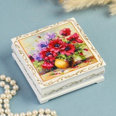 Шкатулка «Букет цветов в вазе», белая, 10x10 см, лаковая миниатюра No Brand
