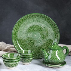 Набор чайный, риштанская роспись, 9 предметов, зелёный: чайник 0.8 л, пиалы 0.3 л Shafran