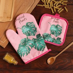 Кухонный набор 2 предмета Доляна "Tropical" цвет розовый прихватка 17х17 см, варежка 25х16