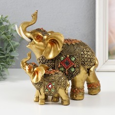 Статуэтка 9197327 Слониха и слонёнок в попоне с цветком бронза 15х12,5х17,5 см No Brand