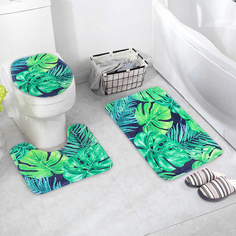 Набор ковриков для ванной и туалета Доляна «Голубые листья», 3 шт: 41x45, 40x50, 45x75 см