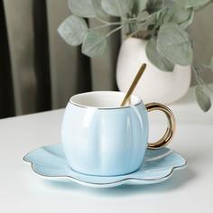 Чайная пара с ложкой «Цветок», 240 мл, чашка 11x8x7 см, блюдце d=16 см, цвет голубой No Brand