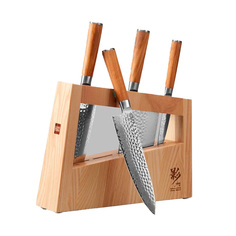 Набор кухонных ножей Huo Hou из дамасской стали 4 ножа + подставка коричневый