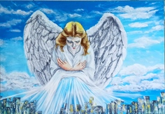 Картина маслом на холсте с подрамником Ангел над городом 70х100 см ручная работа No Brand