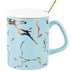 Кружка с крышкой и ложкой Nouvelle Голубой мрамор 380 мл, фарфор, голубой