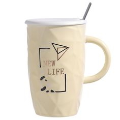 Кружка с крышкой и ложкой Nouvelle New life 430 мл, фарфор, желтая