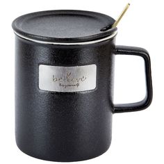 Кружка с крышкой и ложкой Nouvelle Dreams come true 400 мл, фарфор, черная