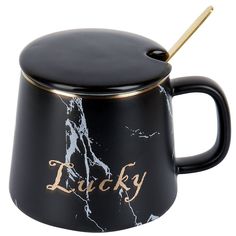 Кружка Nouvelle с крышкой и ложкой Lucky 400 мл, фарфор, черная