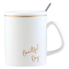 Кружка с крышкой и ложкой Nouvelle Beautiful Day 380 мл, фарфор, белая