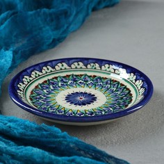 Тарелка Риштанская Керамика "Цветы", синяя, плоская, 15 см, микс Shafran