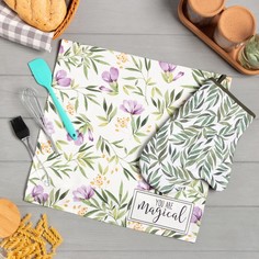 Набор подарочный Leaves: полотенце, варежка-прихватка, кисть, лопатка, венчик Этель