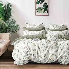 Комплект постельного белья КотБаюн сатин Цветочки с зеленым евро