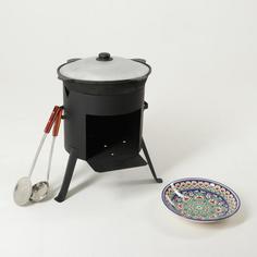 Набор для плова: казан 12л, печь под казан, шумовка 47см, поварешка 47см, ляган 33см Shafran