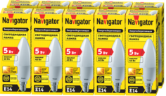 Лампа светодиодная Navigator 94 480, 5 Вт, свеча, Е14, теплый свет 2700К, упаковка 10 шт