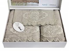 Набор полотенец с гипюром в коробке KARVEN DAMASK V1 бежевый 30х50 (1шт), 50х90 (1шт)
