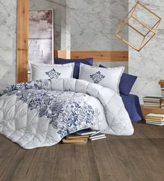 Покрывало из хлопка стеганое KARVEN Y923 MANDORA V1 LACIVERT 180х240 с наволочкой 50х70
