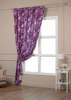 Штора 200х270 Amore Mio сатен на шторной ленте готовая сиреневая с цветами 1 шт