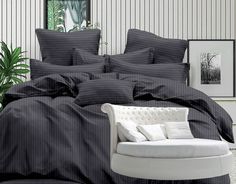 Простыня Maktex круглая из страйп-сатина на резинке 210x210x40 Углерод 1х1