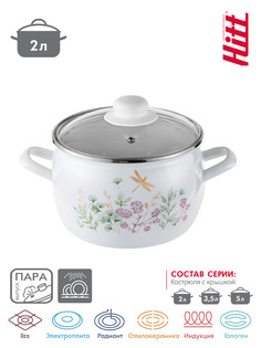Кастрюля HITT Botanica 2,0л сфер. со стекл. крышкой, бел.