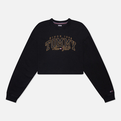 Женская толстовка Tommy Jeans Cropped Luxe Varsity Crew Neck, цвет чёрный, размер XS