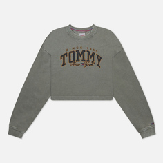 Женская толстовка Tommy Jeans Cropped Luxe Varsity Crew Neck, цвет зелёный, размер XS