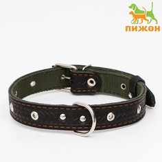 Ошейник комбинированный безразмерный, кожа/брезент, 60 х 3 см, ош 30-57 см, черный/зеленый Пижон