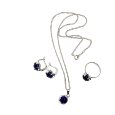 Гарнитур серьги, кулон, кольцо безразмерное Эдель цветы, синий в серебре, 50см Queen Fair