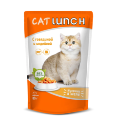 Влажный корм для кошек Cat Lunch кусочки в желе с говядиной и индейкой, 85 г