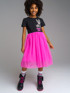 Платье трикотажное с юбкой из сетки PlayToday 32241607 черный, фуксия, 152