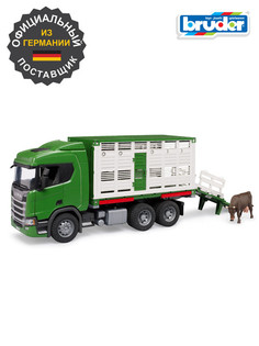 Грузовик Bruder Scania для перевозки животных с коровой зелёный