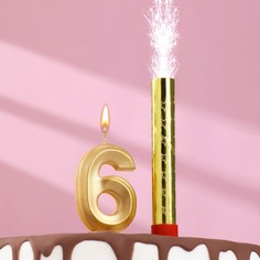 Свеча для торта цифра "Грань + фонтан" золотая "6" No Brand
