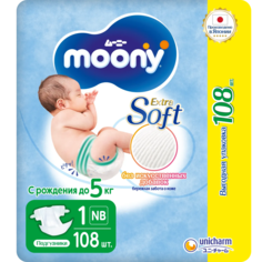 Японские подгузники для новорожденных Moony AirSilky Extra Soft NB до 5 кг, GIGA, 108 шт