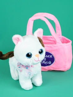 Мягкая игрушка Мэри море кошка в сумке, озвученная 20см розовый, белый