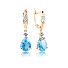 Серьги подвески из красного золота VALTERA 111700, бриллиант/топаз искусственный