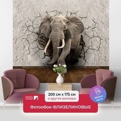 Фотообои флизелиновые ПЕРВОЕ АТЕЛЬЕ "Слон из треснувшей стены" 200х175 (ШхВ)