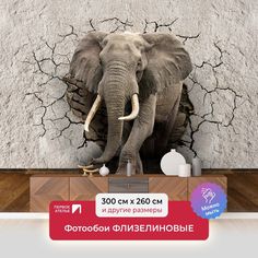 Фотообои флизелиновые ПЕРВОЕ АТЕЛЬЕ "Слон из треснувшей стены" 300х260 (ШхВ)