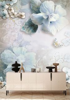 Фотообои Dekor Vinil "Голубые 3D цветы на сером фоне" 200х270 см